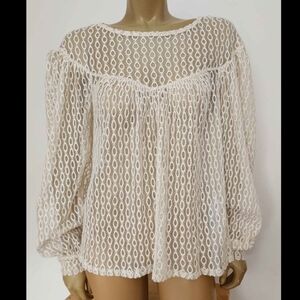Zara Cream Lace Peasant Blouse - Sheer Long Sleeve Top